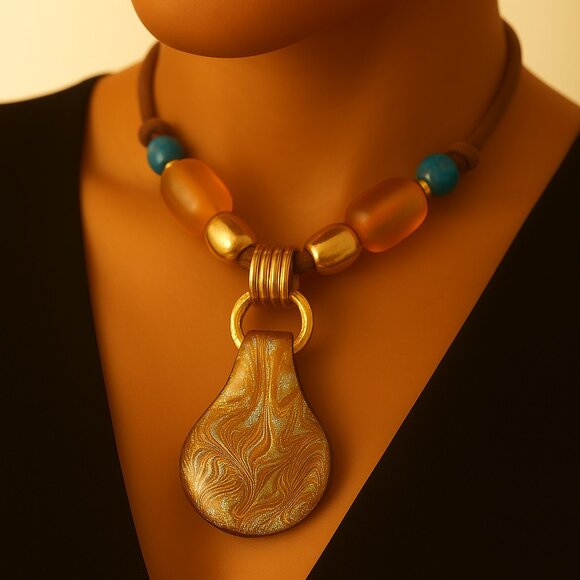 Bold Colorful Beaded Pendant Necklace - 12" Statement Women's Fashion Jewelry - Picture 1 of 10